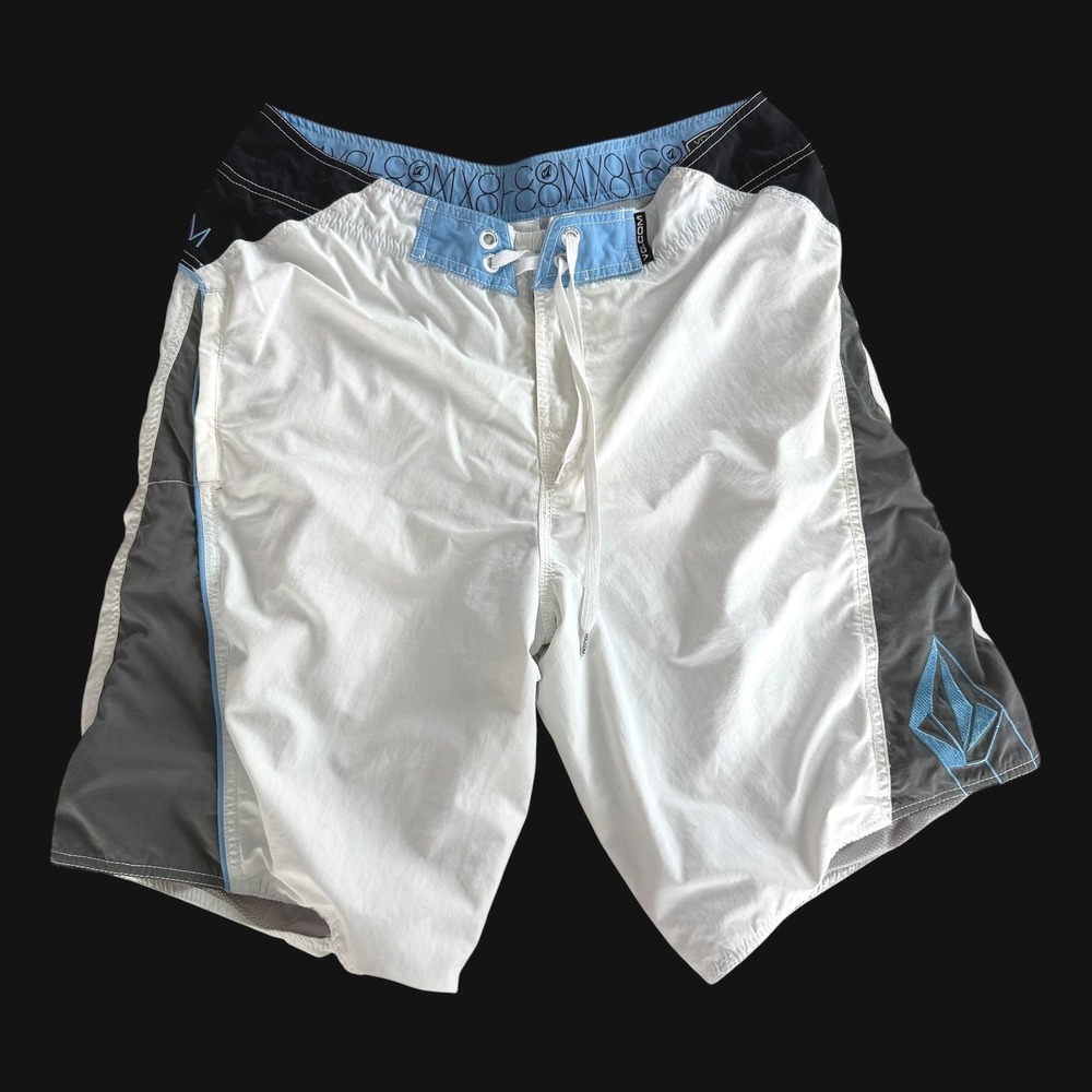 Y2K Volcom Board Shorts White Grey Colorblock Swim Trunks Sz 34